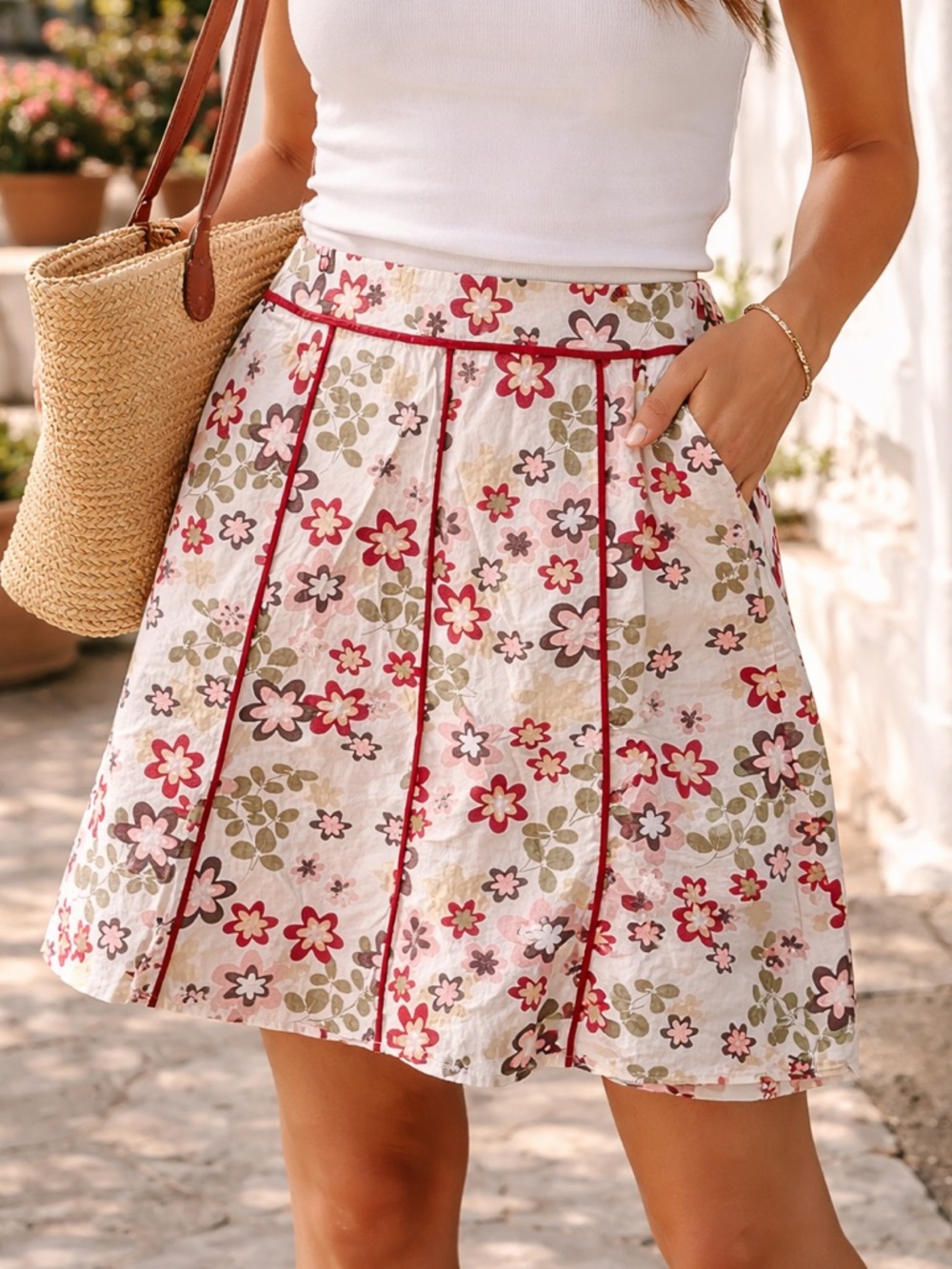 Vintage Floral Cotton Midi Skirt Y2K 90s Sz 8 White Daisy Retro Tea Knee Lengtg